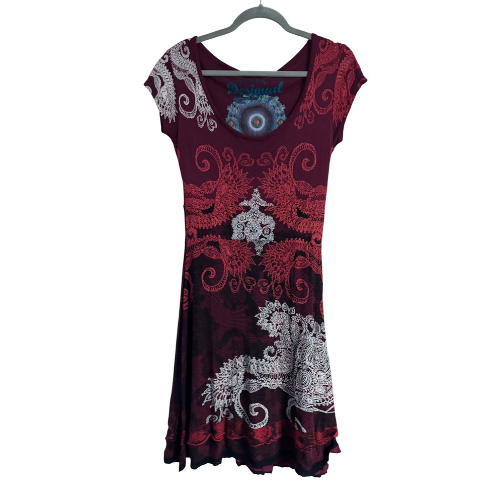 Desigual Burgundy Paisley Mandala Lace Print Ruffle Hem Cap Sleeve Dress Large